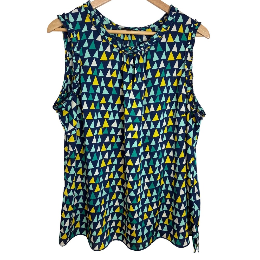 Talbots Woman 2X Geometric Triangle Print Ruffle Trim Blouse Top Navy